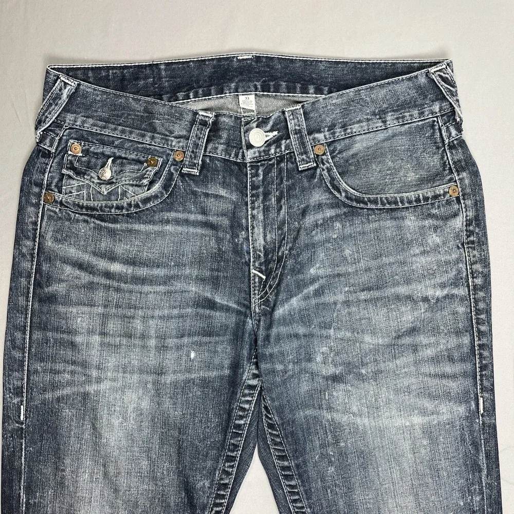 True Religion Jeans Mens 33 Straight Fit Flap Pocket Medium Acid Wash Blue Denim